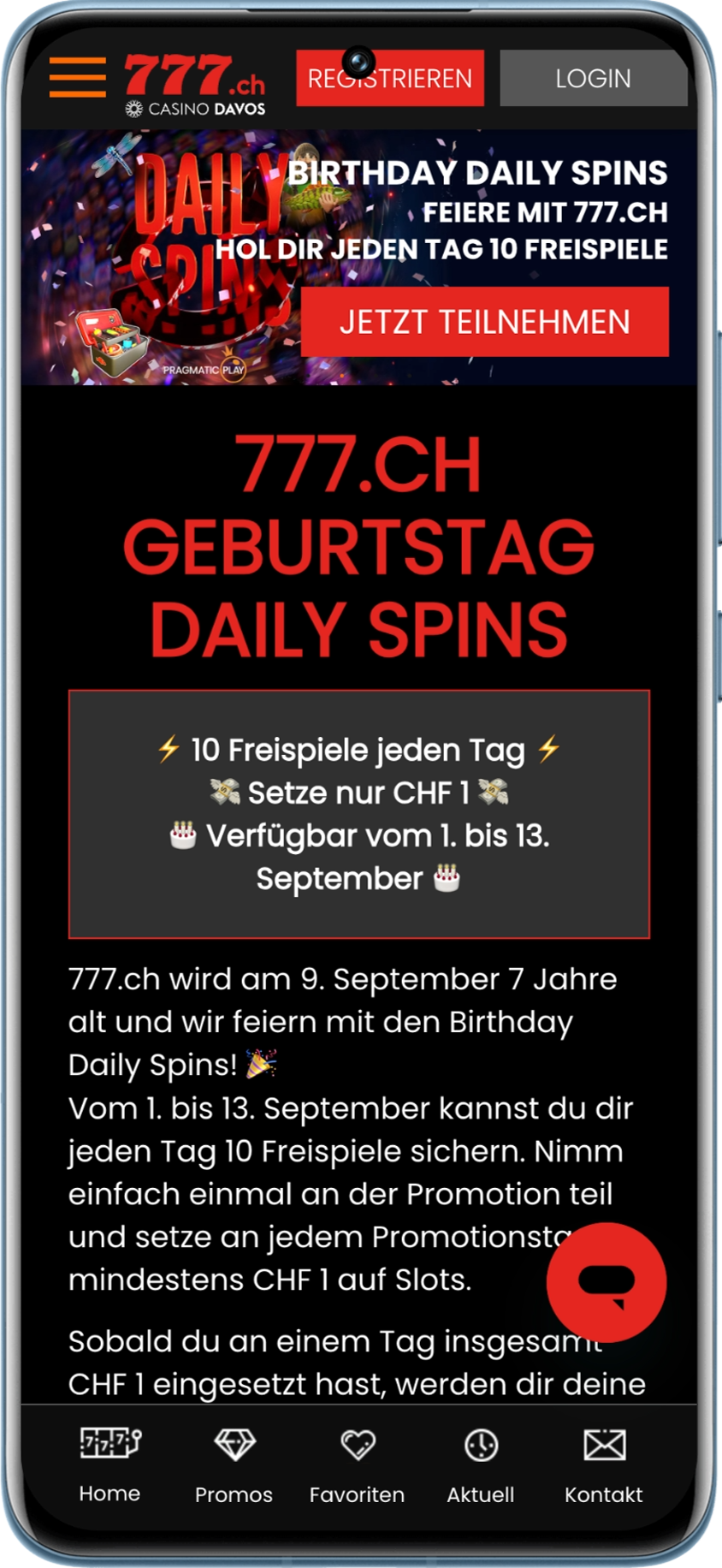 Sichern Sie sich bei der Jubil&auml;umsaktion von Casino777 vom 1. bis zum 13. September 2026 jeden Tag 10 Freispiele