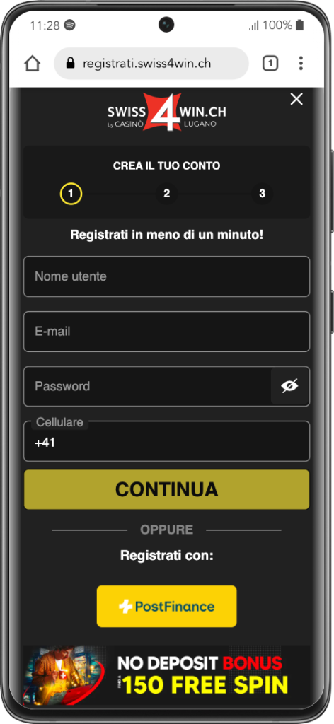 registrarsi con il codice promo Swiss4Win