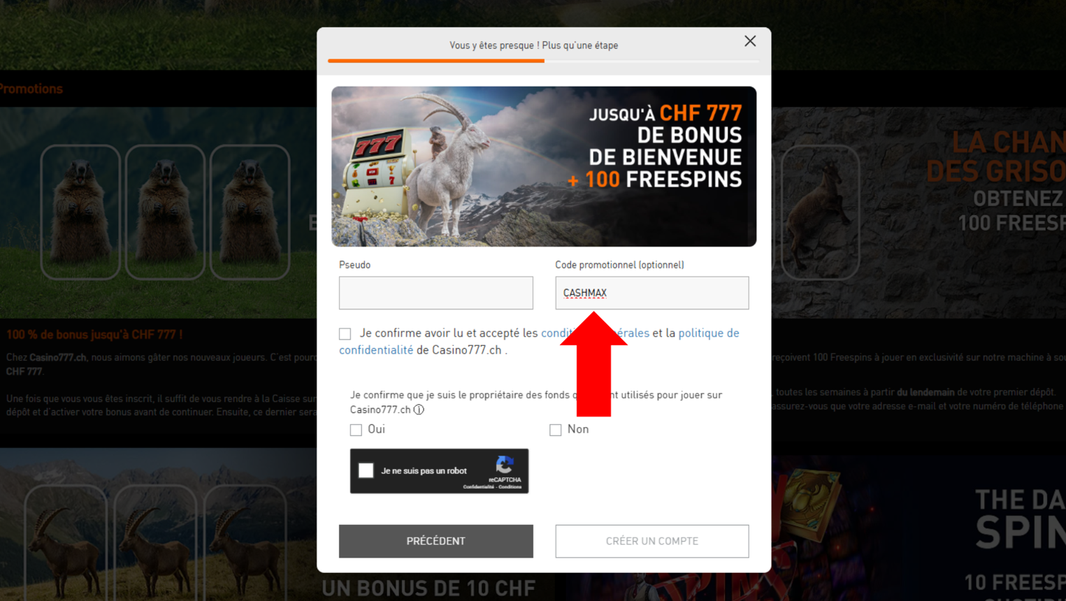 Saisissez CASHMAX dans le champ code promo du formulaire d'inscription Casino777