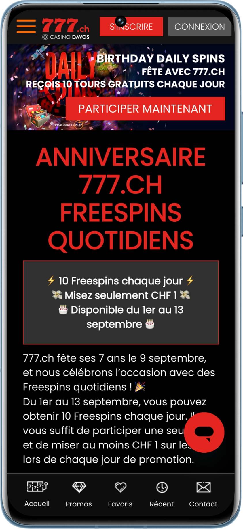 Promotion anniversaire sur Casino777 pour recevoir 10 freespins chaque jour du 1er au 13 septembre 2026