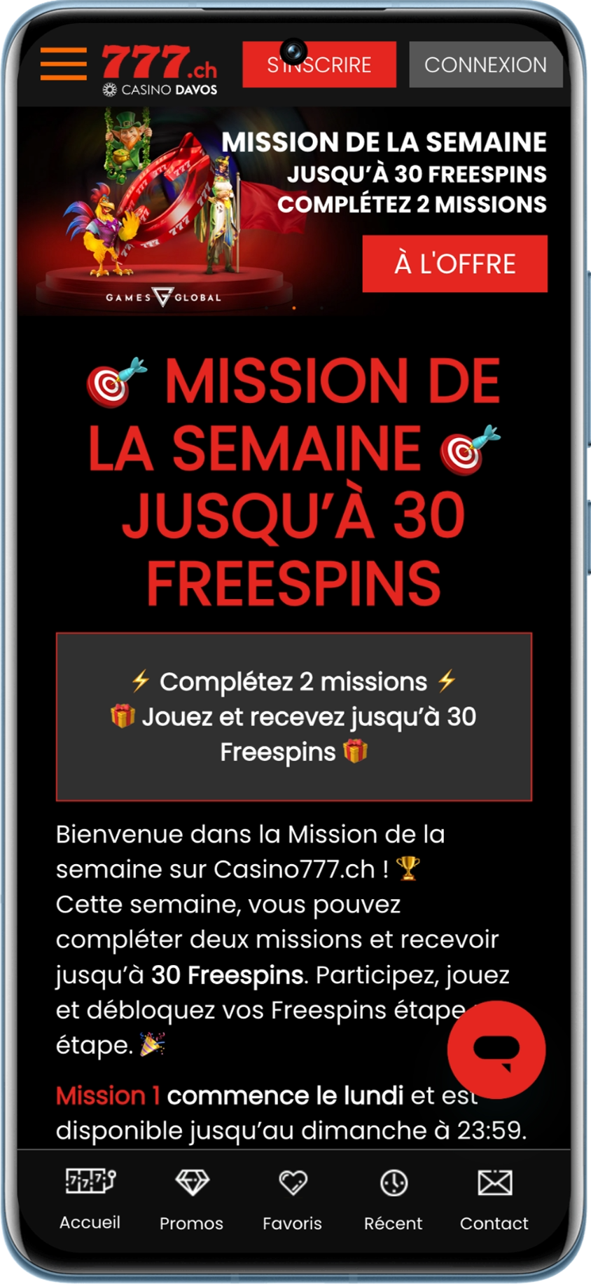 Mission de la semaine disponible sur le casino suisse Casino777