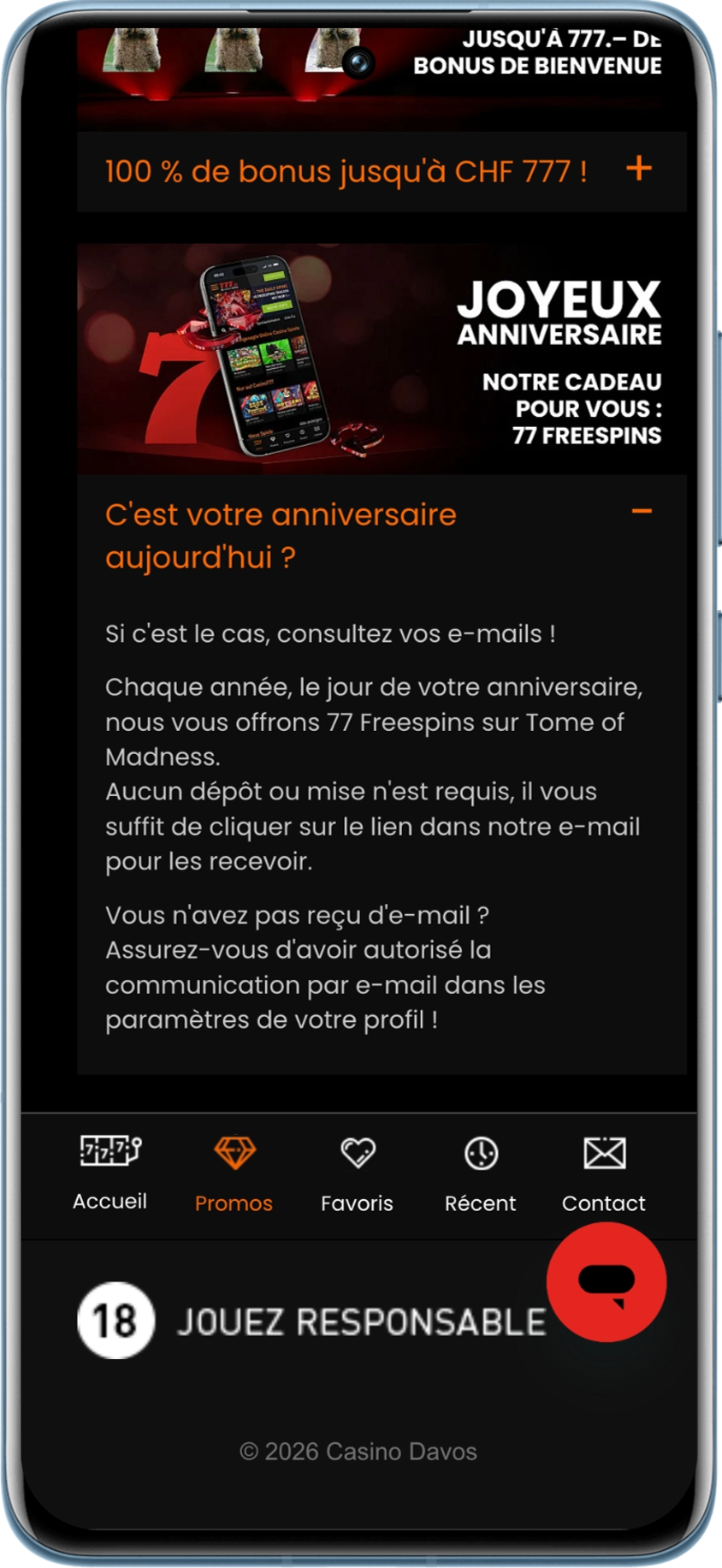 Recevez votre cadeau d'anniversaire sur Casino777