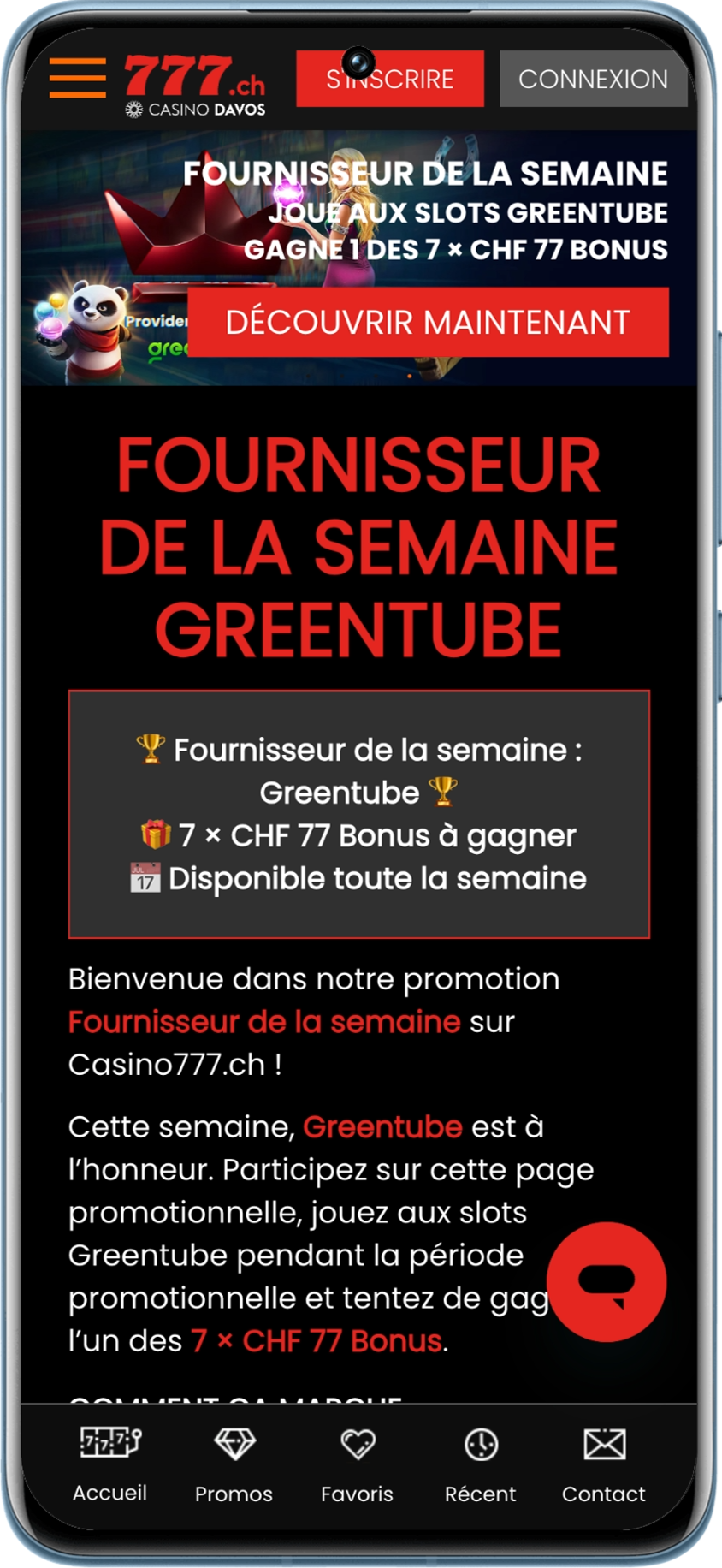 Promotion du fournisseur de la semaine Greentube sur Casino777 ch