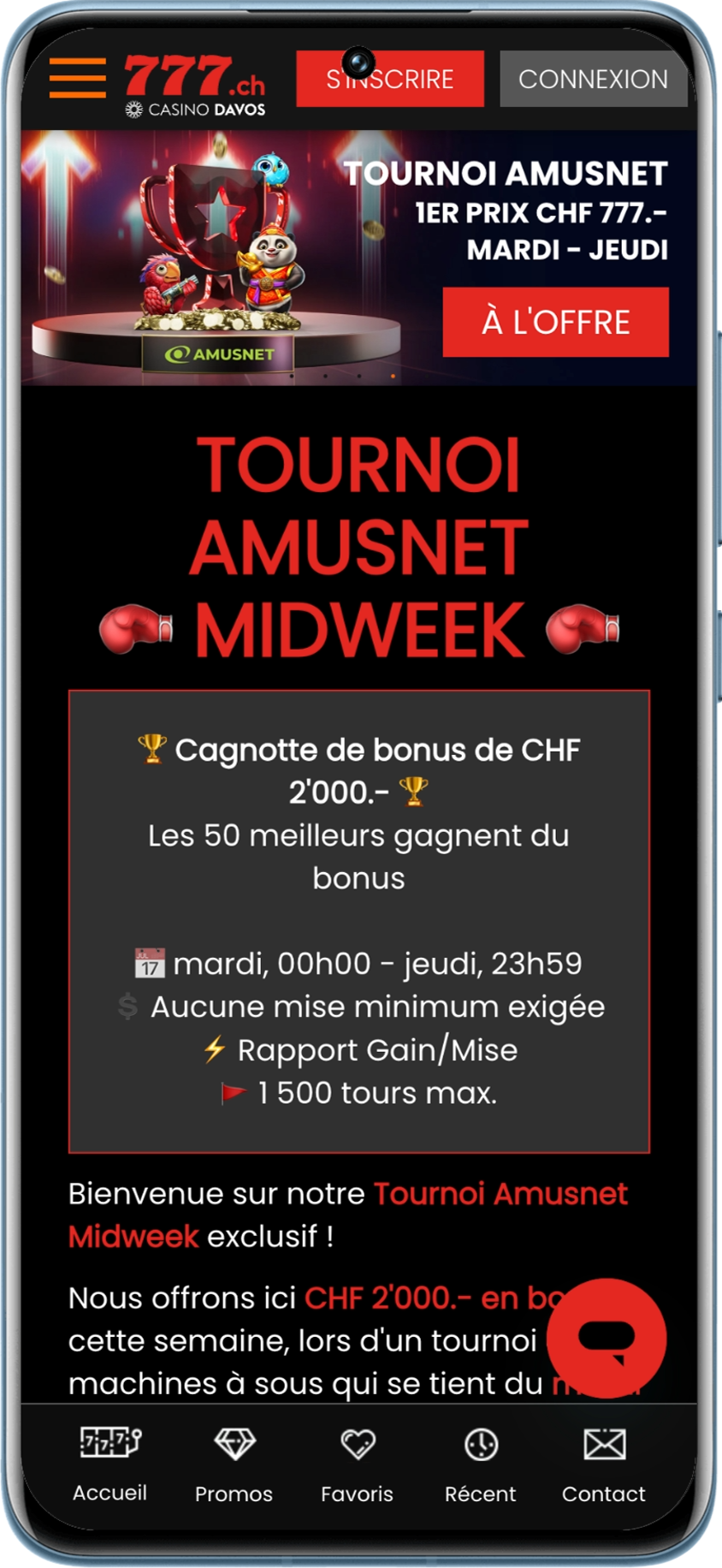 Tournoi Amusnet du mardi au jeudi avec 2 000 CHF de bonus à se partager sur Casino777